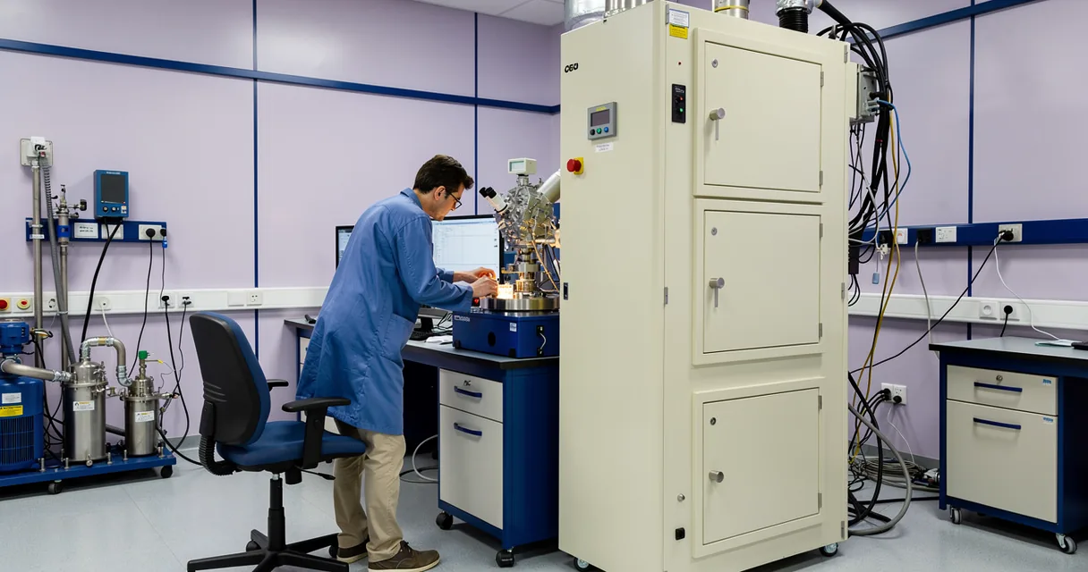 A technician working beside the tall column of a cryo-electron microscope