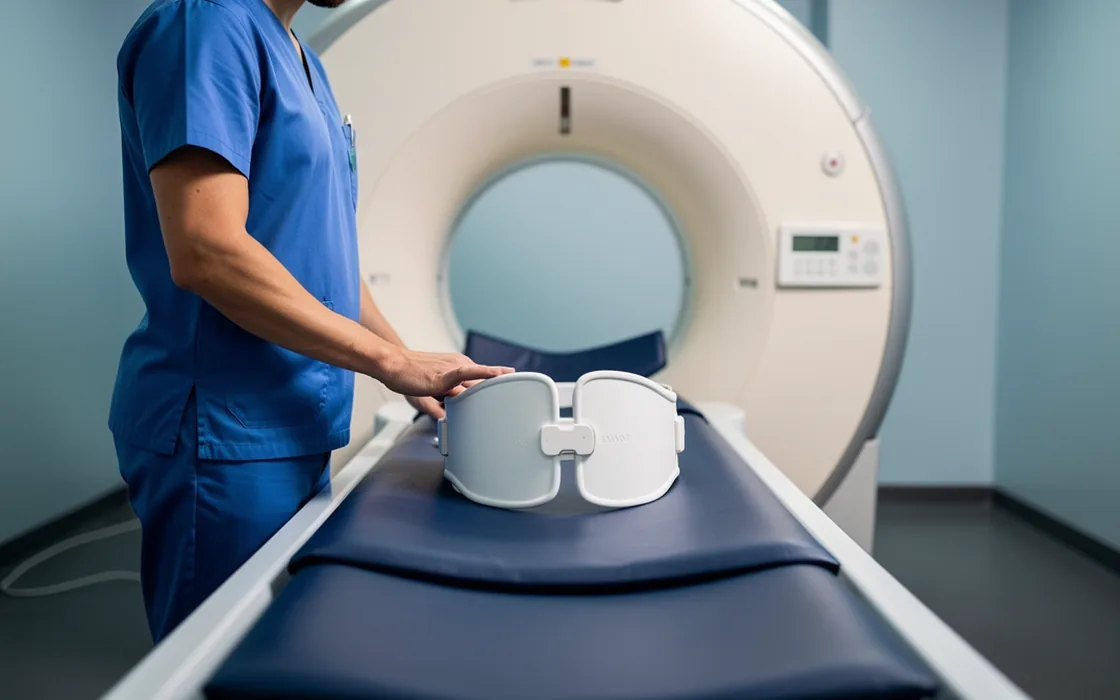 An MRI technologist preparing an empty scanner table and abdominal receiver coil